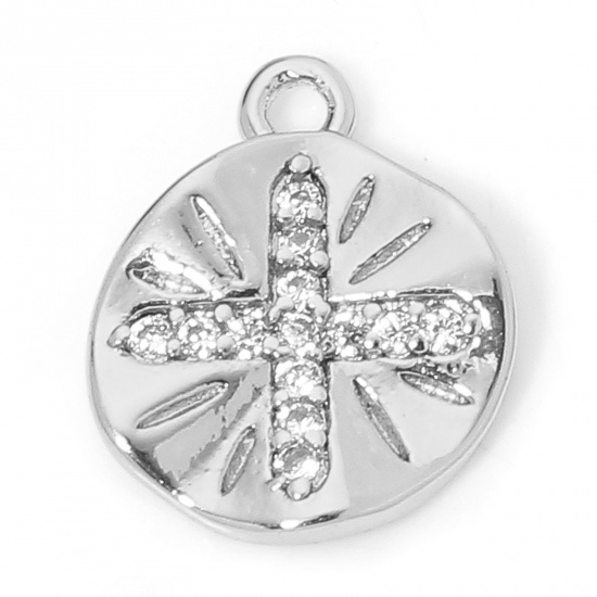 Picture of 1 Piece Eco-friendly Brass Religious Charms Real Platinum Plated Round Cross Micro Pave Clear Cubic Zirconia 11.5mm x 9.5mm