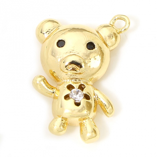 Immagine di 2 Pz Ecologico Ottone Charms Orso 18K Oro riempito Trasparente & Nero Cubic Zirconiae 16mm x 10mm