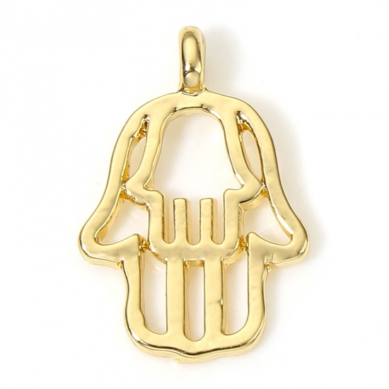 Picture of 2 PCs Eco-friendly Brass Religious Charms 18K Real Gold Plated Hamsa Symbol Hand Hollow 18mm x 12mm