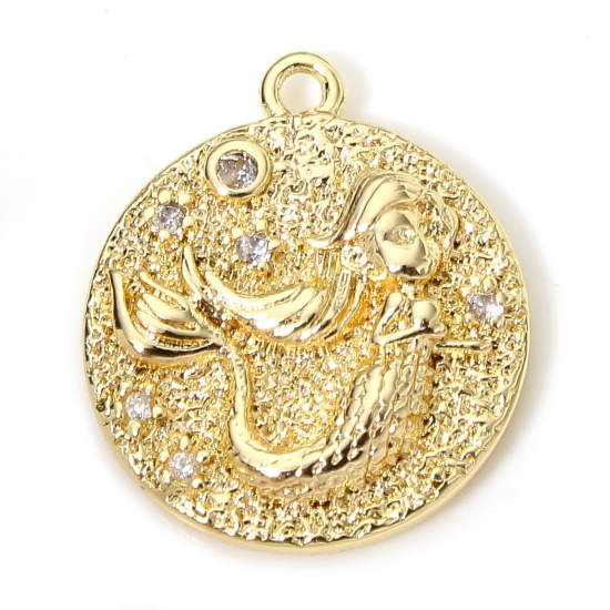 Picture of 2 PCs Eco-friendly Brass Fairy Tale Collection Charms 18K Real Gold Plated Round Mermaid Clear Cubic Zirconia 17.5mm x 15mm