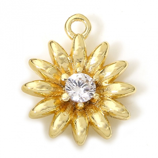 Picture of 2 PCs Eco-friendly Brass Charms 18K Real Gold Plated Daisy Flower Clear Rhinestone 11mm x 9.5mm