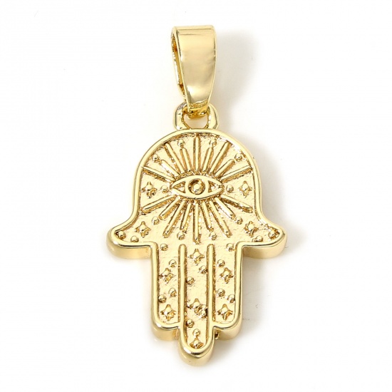 Picture of 2 PCs Eco-friendly Brass Religious Charms 18K Real Gold Plated Hamsa Symbol Hand Eye of Providence/ All-seeing Eye 22mm x 11mm