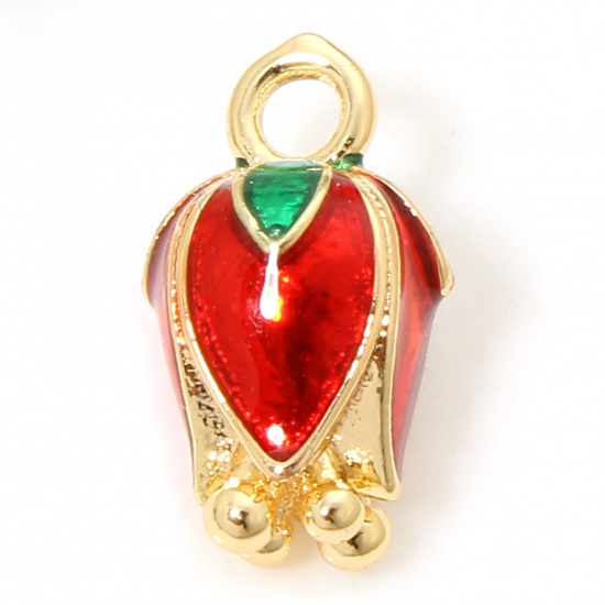 Picture of 2 PCs Eco-friendly Brass Charms 18K Real Gold Plated Red & Green Lily Of The Valley Flower 3D 14mm x 8mm