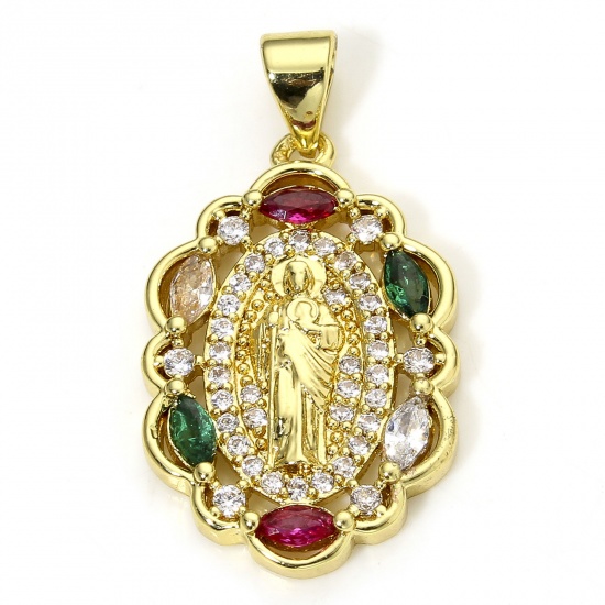 Imagen de 1 Unidad Respetuoso del Medio Ambiente Latón Religión Colgantes Charms Óvalo 18K Oro Real Chapado Jesús Micro Pave Multicolor Circón Artificial 27mm x 15mm