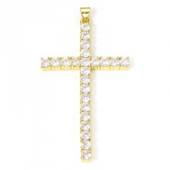 Picture of 1 Piece Eco-friendly Brass Religious Pendants 18K Real Gold Plated Cross Micro Pave Clear Cubic Zirconia 5.4cm x 2.9cm