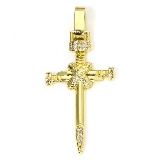 Picture of 1 Piece Eco-friendly Brass Religious Pendants 18K Real Gold Plated Cross Micro Pave Clear Cubic Zirconia 4.6cm x 2cm