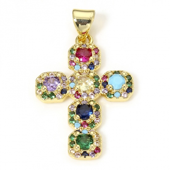 Picture of 1 Piece Eco-friendly Brass Religious Charm Pendant 18K Real Gold Plated Cross Micro Pave Multicolour Cubic Zirconia 29mm x 17mm