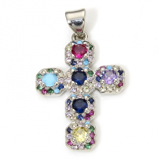 Picture of 1 Piece Eco-friendly Brass Religious Charm Pendant Real Platinum Plated Cross Micro Pave Multicolour Cubic Zirconia 29mm x 17mm