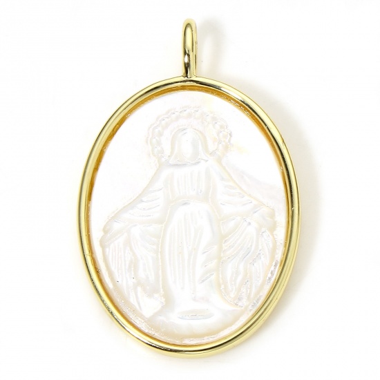 Immagine di 1 Pz Ecologico Conchiglia & Ottone Religione Ciondoli Ovale 18K Oro riempito Vergine Maria 26.5mm x 17mm