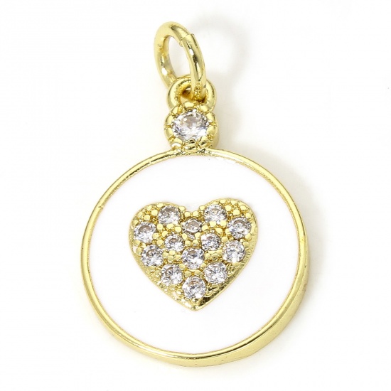 Picture of 1 Piece Eco-friendly Brass Valentine's Day Charms 18K Real Gold Plated White Heart Round Enamel Clear Cubic Zirconia 20mm x 12.5mm