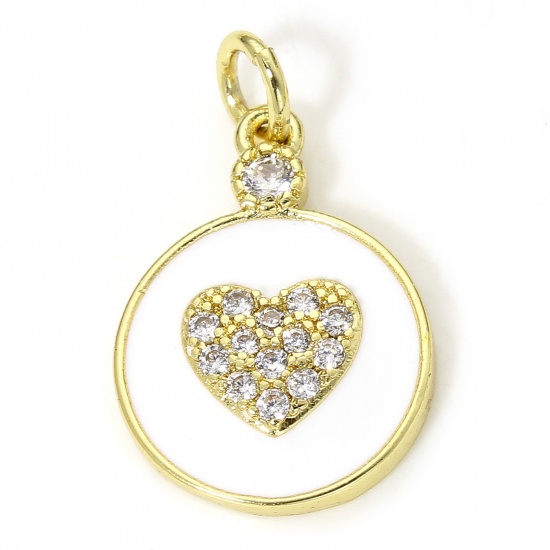 Immagine di 1 Pz Ecologico Ottone San Valentino Charms Cuore 18K Oro riempito Bianco Tondo Smalto Trasparente Cubic Zirconiae 20mm x 12.5mm