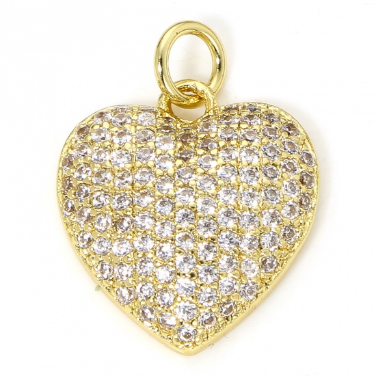 Picture of 1 Piece Eco-friendly Brass Valentine's Day Charms 18K Real Gold Plated Heart Micro Pave Clear Cubic Zirconia 19.5mm x 15mm