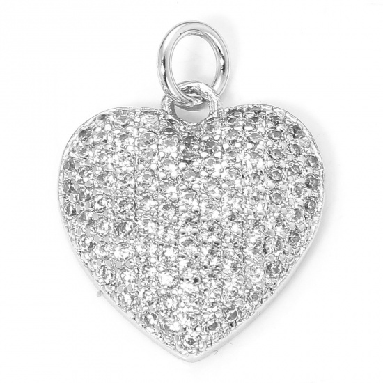 Picture of 1 Piece Eco-friendly Brass Valentine's Day Charms Real Platinum Plated Heart Micro Pave Clear Cubic Zirconia 19.5mm x 15mm