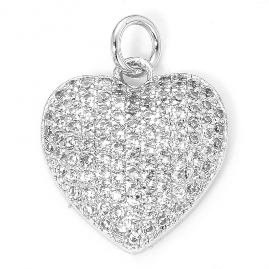 Immagine di 1 Pz Ecologico Ottone San Valentino Charms Cuore Platino Placcato Micro Spianare Trasparente Cubic Zirconiae 19.5mm x 15mm