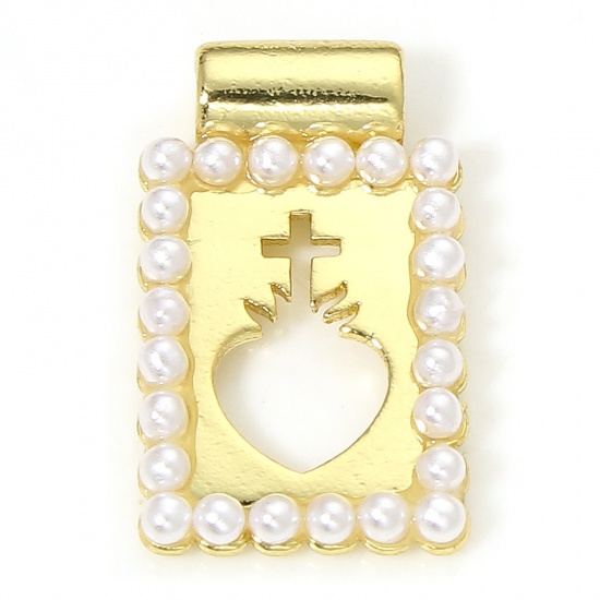 Picture of 1 Piece Eco-friendly Brass Valentine's Day Charms 18K Real Gold Plated Cross Rectangle Acrylic Imitation Pearl 16mm x 9.5mm