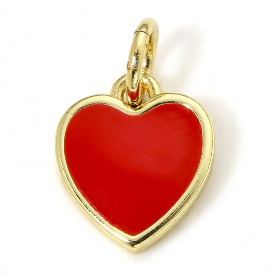 Picture of 1 Piece Eco-friendly Brass Valentine's Day Charms 18K Real Gold Plated Red Heart Enamel 13mm x 8.5mm