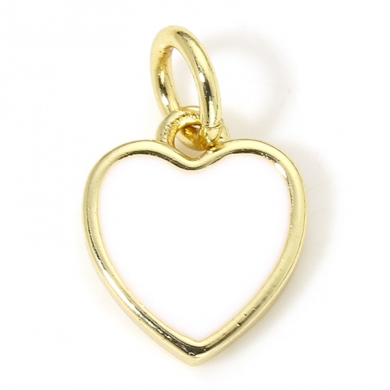 Picture of 1 Piece Eco-friendly Brass Valentine's Day Charms 18K Real Gold Plated White Heart Enamel 13mm x 8.5mm