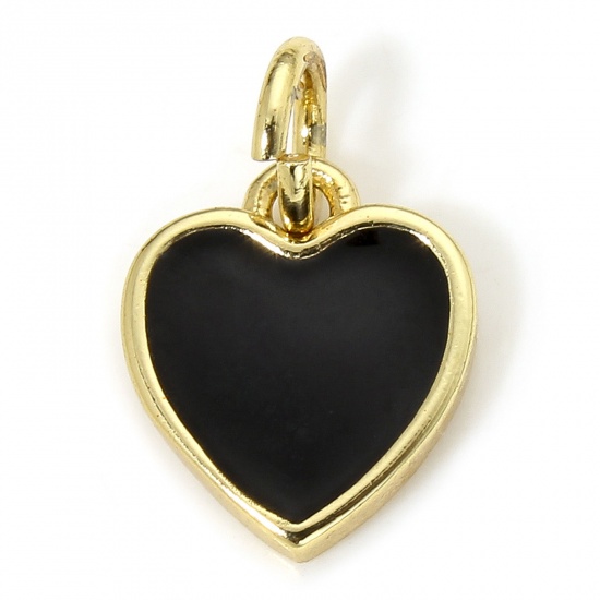 Picture of 1 Piece Eco-friendly Brass Valentine's Day Charms 18K Real Gold Plated Black Heart Enamel 13mm x 8.5mm