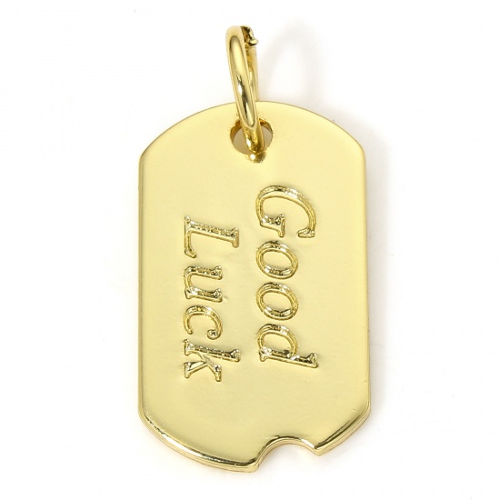 Picture of 1 Piece Eco-friendly Brass Positive Quotes Energy Charms 18K Real Gold Plated Message " GOOD LUCK " 18mm x 9mm