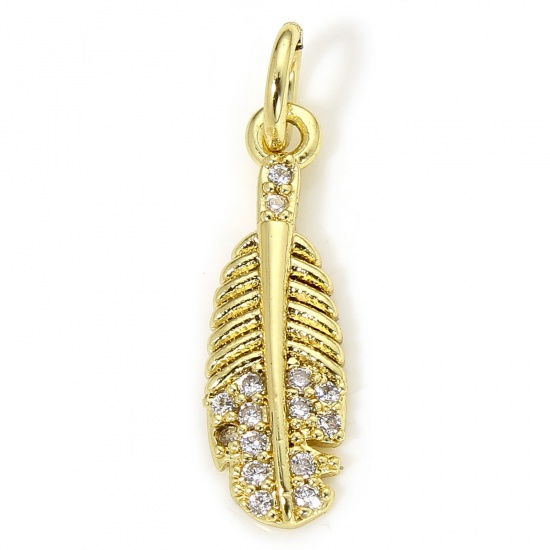 Picture of 1 Piece Eco-friendly Brass Micro Pave Charms 18K Real Gold Plated Feather Clear Cubic Zirconia 20mm x 5.5mm