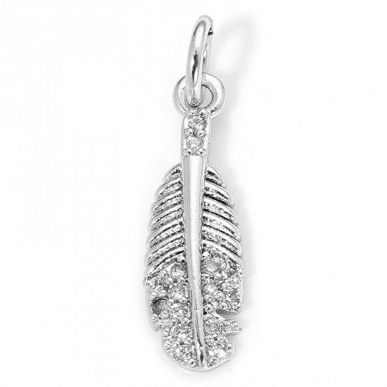 Picture of 1 Piece Eco-friendly Brass Micro Pave Charms Real Platinum Plated Feather Clear Cubic Zirconia 20mm x 5.5mm