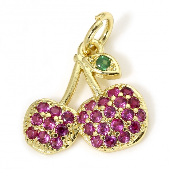 Picture of 1 Piece Eco-friendly Brass Charms 18K Real Gold Plated Cherry Fruit Micro Pave Fuchsia Cubic Zirconia 15mm x 12.5mm