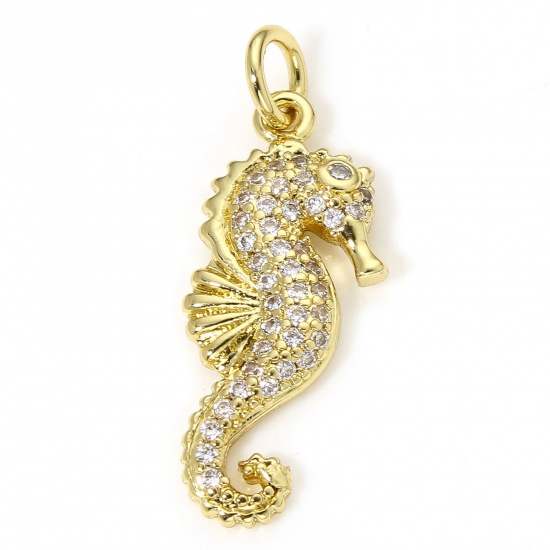 Picture of 1 Piece Eco-friendly Brass Ocean Jewelry Charms 18K Real Gold Plated Seahorse Animal Micro Pave Clear Cubic Zirconia 24.5mm x 9.5mm