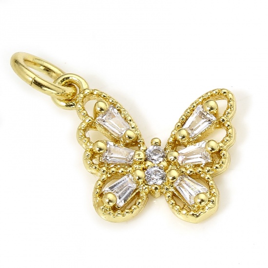 Picture of 1 Piece Eco-friendly Brass Charms 18K Real Gold Plated Butterfly Animal Hollow Clear Cubic Zirconia 16.5mm x 11.5mm