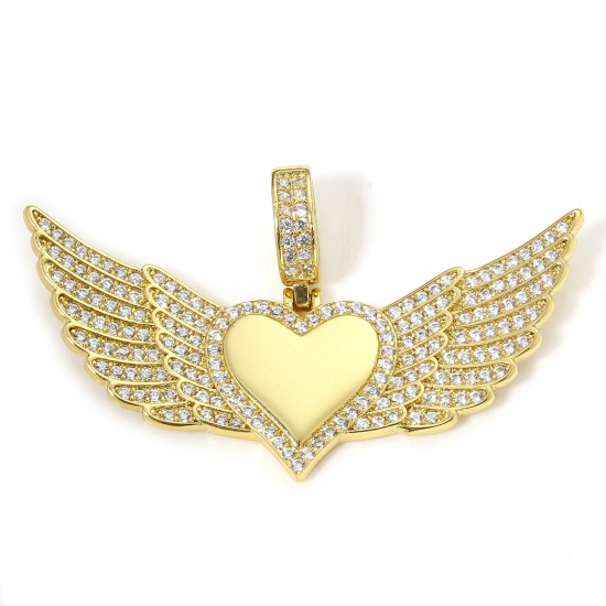 Picture of 1 Piece Eco-friendly Brass Valentine's Day Pendants 18K Real Gold Plated Wing Heart Micro Pave Clear Cubic Zirconia 4.5cm x 2.7cm