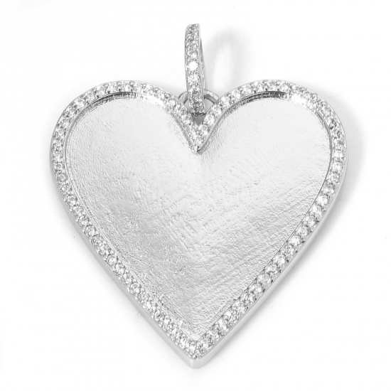 Picture of 1 Piece Eco-friendly Brass Valentine's Day Pendants Real Platinum Plated Heart Micro Pave Clear Cubic Zirconia 3.7cm x 3cm