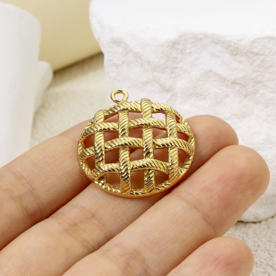 Immagine di 1 Pz Ecologico Ottone Ciondoli Tondo 18K Vero Oro Placcato Ingraticciato Filigrana 29.5mm x 25.5mm