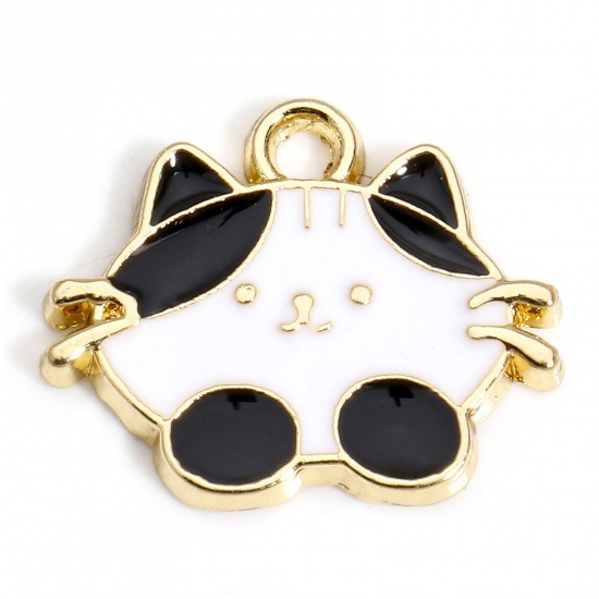 Immagine di 10 PCs Zinc Based Alloy Charms Gold Plated Black & White Cat Animal Enamel 17mm x 14mm