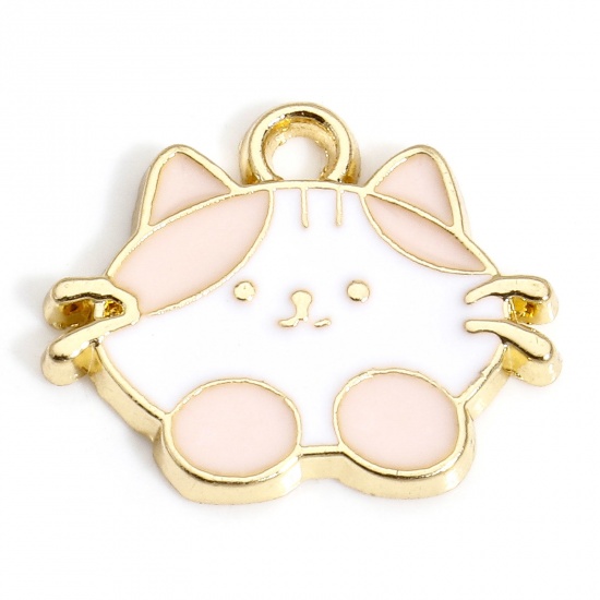 Picture of 10 PCs Zinc Based Alloy Charms Gold Plated White & Pink Cat Animal Enamel 17mm x 14mm