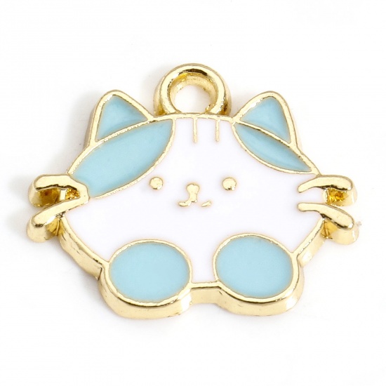Immagine di 10 PCs Zinc Based Alloy Charms Gold Plated White & Blue Cat Animal Enamel 17mm x 14mm