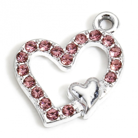 Picture of 10 PCs Zinc Based Alloy Valentine's Day Charms Silver Tone Heart Micro Pave Pink Rhinestone 18mm x 15mm