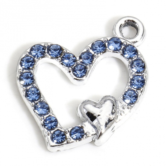 Picture of 10 PCs Zinc Based Alloy Valentine's Day Charms Silver Tone Heart Micro Pave Blue Rhinestone 18mm x 15mm