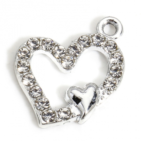 Picture of 10 PCs Zinc Based Alloy Valentine's Day Charms Silver Tone Heart Micro Pave Clear Rhinestone 18mm x 15mm