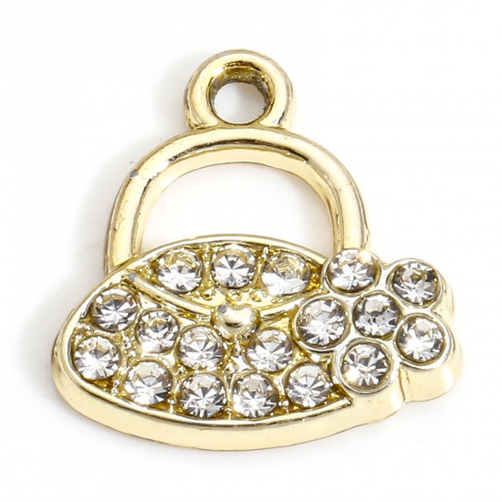 Immagine di 10 PCs Zinc Based Alloy Clothes Charms Gold Plated Handbag Micro Pave Clear Rhinestone 14mm x 13.5mm