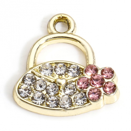Picture of 10 PCs Zinc Based Alloy Clothes Charms Gold Plated Handbag Micro Pave Clear & Light Pink Rhinestone 14mm x 13.5mm
