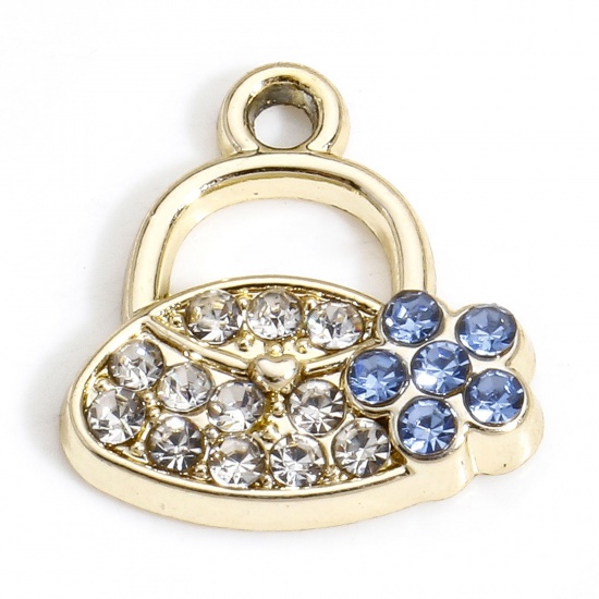 Immagine di 10 PCs Zinc Based Alloy Clothes Charms Gold Plated Handbag Micro Pave Clear & Blue Rhinestone 14mm x 13.5mm