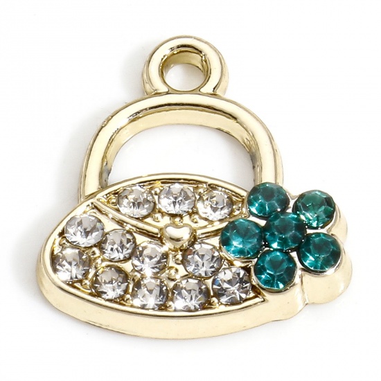 Immagine di 10 PCs Zinc Based Alloy Clothes Charms Gold Plated Handbag Micro Pave Clear & Green Rhinestone 14mm x 13.5mm