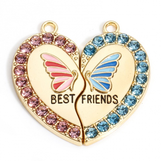 Picture of 5 Sets ( 2 PCs/Set) Zinc Based Alloy Best Friends Pendants Gold Plated Multicolor Broken Heart Butterfly Message " BEST FRIENDS " Micro Pave Blue Rhinestone 3.3cm x 1.7cm