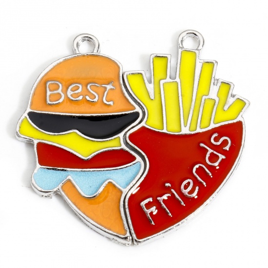 Immagine di 5 Sets Zinc Based Alloy Best Friends Pendants Silver Tone Multicolor Heart Hamburger Message " BEST FRIENDS " Enamel 3.3cm x 1.8cm