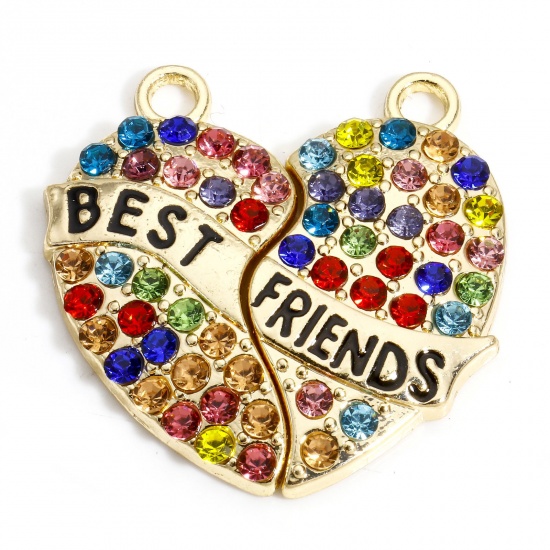 Immagine di 5 Sets Zinc Based Alloy Best Friends Pendants Gold Plated Heart Message " BEST FRIENDS " Micro Pave Multicolor Rhinestone 3.2cm x 1.7cm
