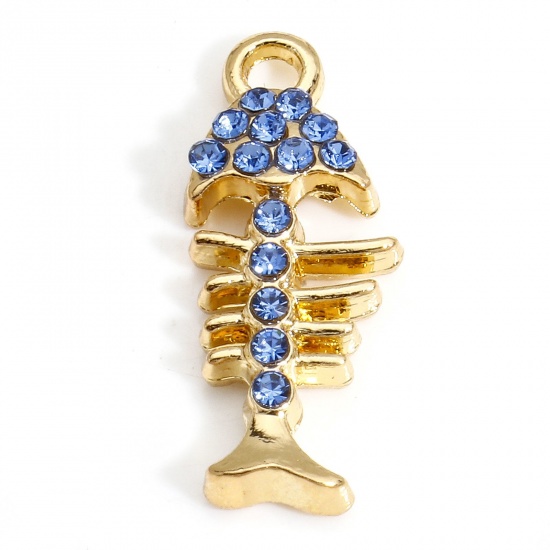 Immagine di 10 PCs Zinc Based Alloy Ocean Jewelry Charms Gold Plated Fish Bone Micro Pave Blue Rhinestone 22mm x 9mm