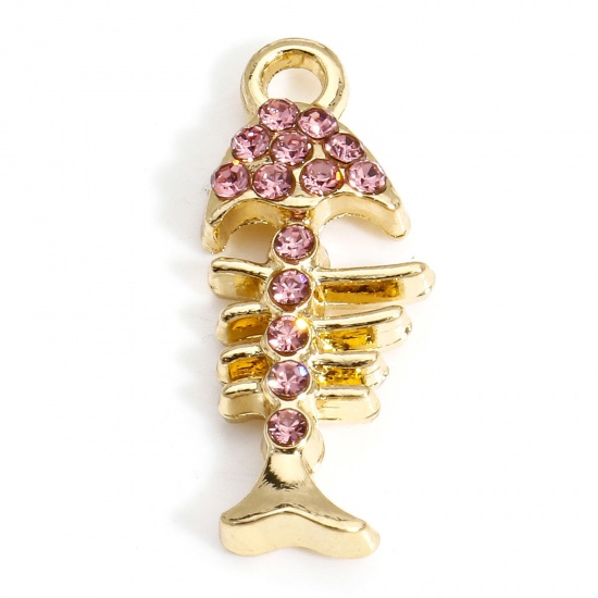 Picture of 10 PCs Zinc Based Alloy Ocean Jewelry Charms Gold Plated Fish Bone Micro Pave Pink Rhinestone 22mm x 9mm