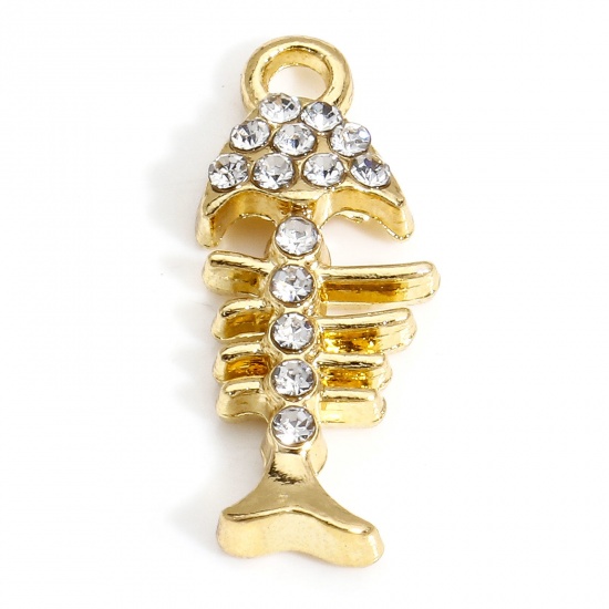 10 PCs Zinc Based Alloy Ocean Jewelry Charms Gold Plated Fish Bone Micro Pave Clear Rhinestone 22mm x 9mm の画像