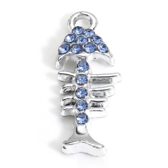 Picture of 10 PCs Zinc Based Alloy Ocean Jewelry Charms Silver Tone Fish Bone Micro Pave Blue Rhinestone 22mm x 9mm