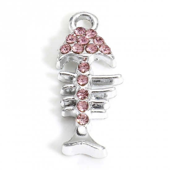 Picture of 10 PCs Zinc Based Alloy Ocean Jewelry Charms Silver Tone Fish Bone Micro Pave Pink Rhinestone 22mm x 9mm