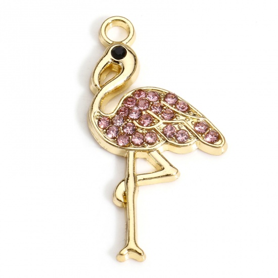 10 PCs Zinc Based Alloy Charms Gold Plated Flamingo Micro Pave Pink Rhinestone 28mm x 15mm の画像